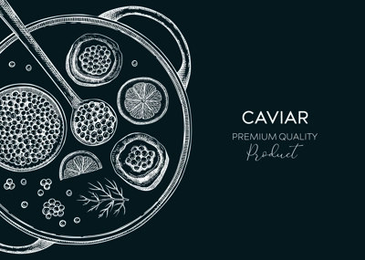 Hand drawn seafood platter in collage style. Canned caviar, red caviar canape, lemons - hand drawn food sketches for restaurant menu or finger food party. Sea delicacy vector background design